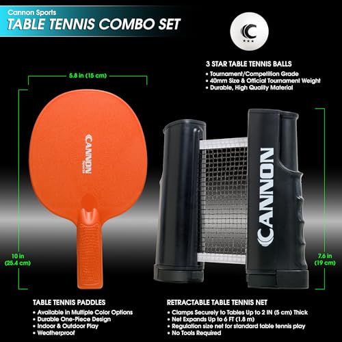Cannon Sports Table Tennis Set – 2 Unbreakable Paddles, 6 3-Star Balls, Retractable Net & Carry Bag – Clamp-On Portable Ping Pong Net Fits Tables up to 2 Inch Thick, Extends to 6 Feet - color: Orange