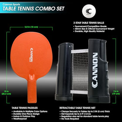 Cannon Sports Table Tennis Set – 2 Unbreakable Paddles, 6 3-Star Balls, Retractable Net & Carry Bag – Clamp-On Portable Ping Pong Net Fits Tables up to 2 Inch Thick, Extends to 6 Feet - color: Orange