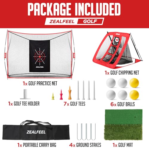 ZEALFEEL Golf Net, 10x7ft Practice Net with Chipping Net, Foldable Mat, Silk Target, 8 Tees, 6 Balls, Carry Bag, Golf Hiting Nets for Backyard Driving Chipping Indoor Outdoor Use