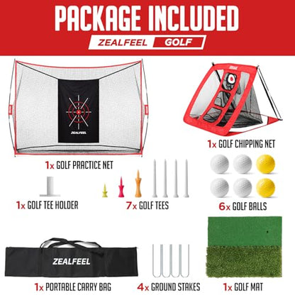 ZEALFEEL Golf Net, 10x7ft Practice Net with Chipping Net, Foldable Mat, Silk Target, 8 Tees, 6 Balls, Carry Bag, Golf Hiting Nets for Backyard Driving Chipping Indoor Outdoor Use