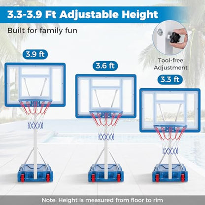 GYMAX Pool Basketball Hoop, Stainless Steel Adjustable 32" Portable Basketball Hoop for Pool with Fillable Base, Shatterproof Backboard, Basketball & Pump Included