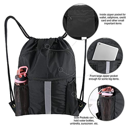 BeeGreen Drawstring Backpack Bag with Shoe Compartment, X-Large Black Gym Sports String Cinch Backpack - color: Black