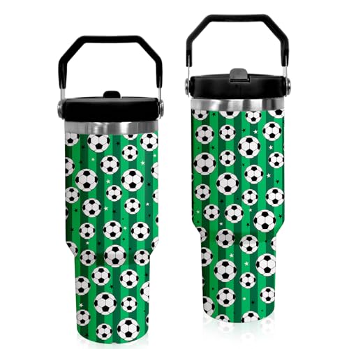 30 oz Tumbler with Handle Flip Straw Leak Proof - Soccer Cup 30oz Tumbler Travel Coffee Mug with Handle - Birthday Gifts for Women Men Soccer Lovers Fans 30 Ounce Stainless Steel Cup - color: Soccer Green