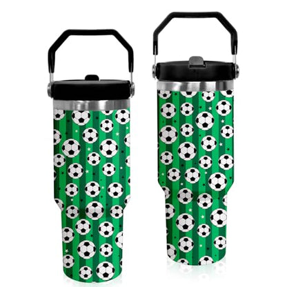 30 oz Tumbler with Handle Flip Straw Leak Proof - Soccer Cup 30oz Tumbler Travel Coffee Mug with Handle - Birthday Gifts for Women Men Soccer Lovers Fans 30 Ounce Stainless Steel Cup - color: Soccer Green