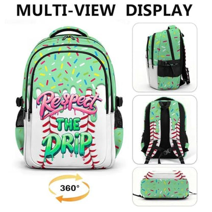 Backpack for School Baseball Drip Backpack for Boys Girls, Green Durable Aesthetic Bookbag for Club Home Camp Hiking Teams - color: Green