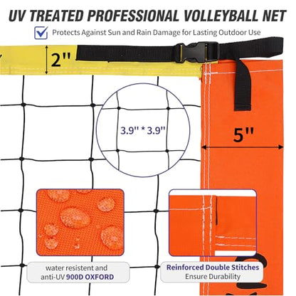 Outdoor Volleyball Net Set for Backyard Beach with 1.25“ Adjustable Poles, Anti-Sagging 28-ply PE Net, PU Volleyball & Pump, Large Portable Carry Bag