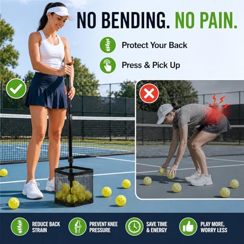 Pickleball Picker Upper 20+ Ball Capacity Foldable Pickleball Hopper Storage Basket Telescopic Handle Ball Retriever for No Bending Lightweight Pickleball Accessories for Coaches Players