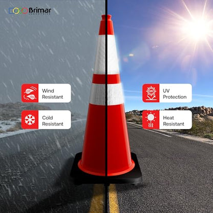 Brimar 28 Inch Performance Cones, 4 Pack, Orange PVC Traffic Safety Cones with 10 lb. Black Base for Construction, Road Parking, MUTCD Approved, Highly Reflective Bands, Structurally Stable, Wearproof - size: 10 lb.