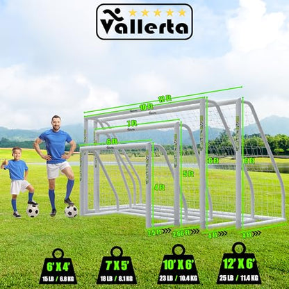 Vallerta® Soccer Goal 12x6Ft/10x6Ft/7x5Ft/6x4Ft. Portable Weatherproof PVC Frame with Net, Carry Bag and Ground Stakes, Youth Regulation Sizes for Kids and Adults, Outdoor/Indoor. - size: 10 X 6 Ft