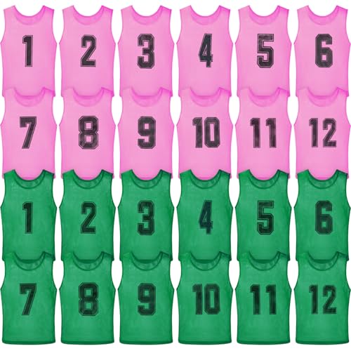 Vabean 24 Pack Nylon Mesh Scrimmage Team Practice Vests Pinnies Jerseys Train Vest for Adult Sport Basketball Soccer Football - color: Pink, Grass Green