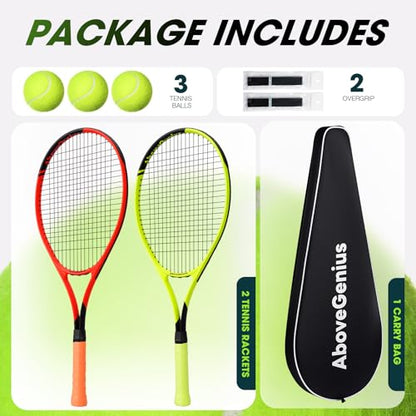 AboveGenius Neon Tennis Rackets 2 Pack for Adults- 27" Lightweight Aluminum Tennis Racquet Set with 3 Balls & Bag- Vibrant High-Visibility Matte Finish for Men Women Beginners - color: Yellow/Orange