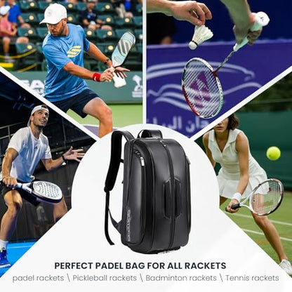 Tennis Racket Bag Pickleball Padel Backpack With Shoe Compartment, Laptop Sleeve,Fence Hook,Ball Sleeve - color: Black
