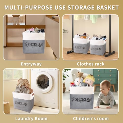 Shoe Basket Organizer, Large Capacity Fabric Entryway Shoe Storage Bin with Handle, Flodable Space-Saving Shoe Basket for Entryway, Hallway, Entryway and Mudroom - color: Gray, style: Leather Buckle