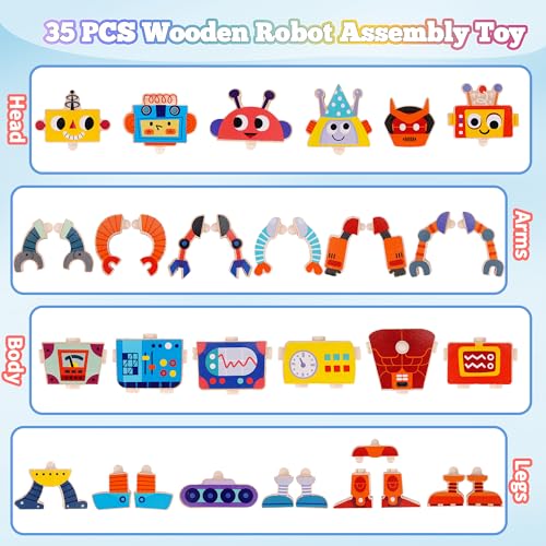 Wooden Robot Building Blocks Toys, STEM Montessori Preschool Toys for 3+ Year Old Toddlers, 35 Pcs Snap Together Take Apart Toy Playset for Kids Ages 3-5, Boys Girls Christmas Birthday Gifts