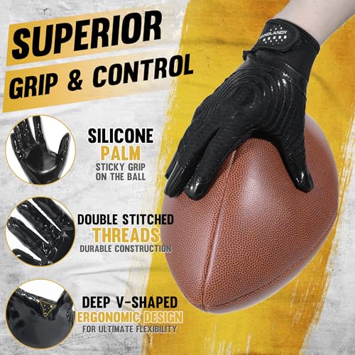 HANDLANDY Youth Football Gloves, Kids Sticky Receiver Gloves,Super Grip Football Glove Best Gift for Boys,Girls - color: Dark Black, size: X-Small-Youth