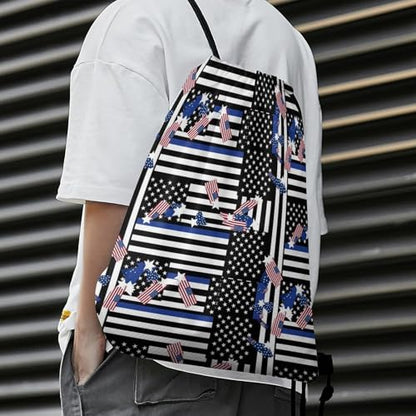 Swim Drawstring Bag Waterproof Sports Backpack for Beach Gym Training Gear Storage Lightweight Unisex Sackpack, Us American Thin Blue Line Flag Bags - color: Picture (375)