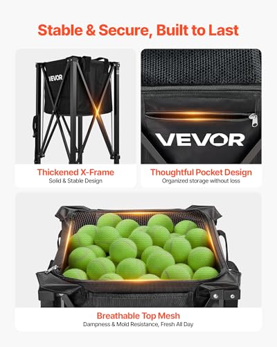 VEVOR Tennis & Pickleball Hopper Holds 200/175/150/120 Balls, 3-in-1 Tennis Foldable Pickleball Basket Cart for Easy Installation, Storage Bag for Tennis Training & Teaching - style: 150 Balls