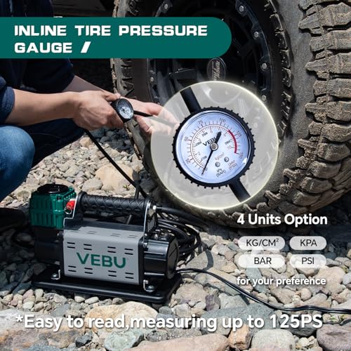 12V Air Compressor, 125PSI Tire Inflator with In-line Pressure Gauge, 5.65CFM Fast Inflation for Off-road Vehicles, Trucks, SUVs, RVs, ATVs, DC Power, Corded Electric - style: Single Cylinder + Inline Gauge