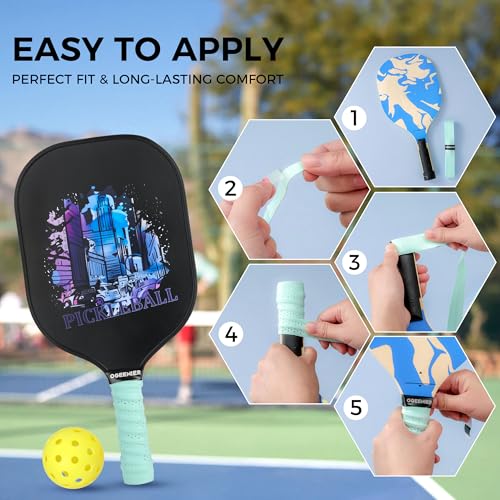 Pickleball Paddle Grips, Pack of 6, Non-Slip & Moisture Wicking Overgrip Tape for Pickleball Paddles - color: Black + Blue + Green Yellow