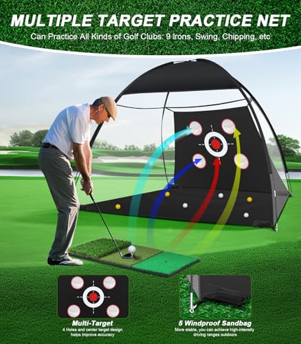Golf Net, 10x7FT Golf Practice Net with Tri-Turf Mat for Outdoor Indoor, All-in-One Golf Hitting Aid Nets for Backyard Training Driving Chipping Swing, Gifts for Men/Him/Dad/Golfer