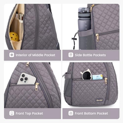 Women's Pickleball Backpack - Quilted Crossbody Sling Bag for Tennis & Pickleball Paddle - color: Gray Purple, size: Medium
