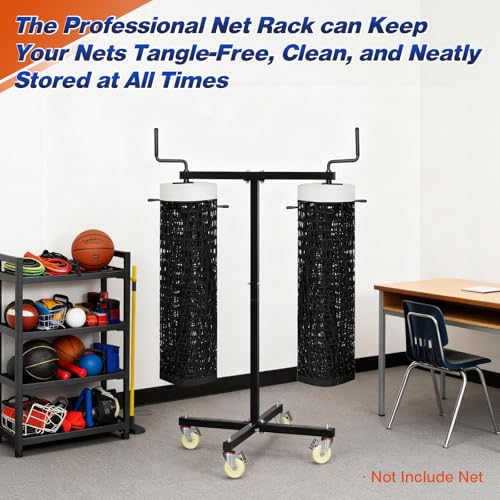 Movable Sports Net Storage Rack with Lockable Wheels, Heavy-Duty Holder for Volleyball, Tennis, Pickleball, Badminton Nets, Space-Saving Support Rack with Swivel Handle & Dust Covers - style: Holds 2 Nets