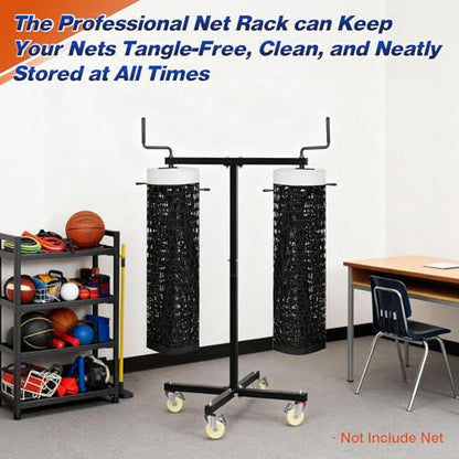 Movable Sports Net Storage Rack with Lockable Wheels, Heavy-Duty Holder for Volleyball, Tennis, Pickleball, Badminton Nets, Space-Saving Support Rack with Swivel Handle & Dust Covers - style: Holds 2 Nets
