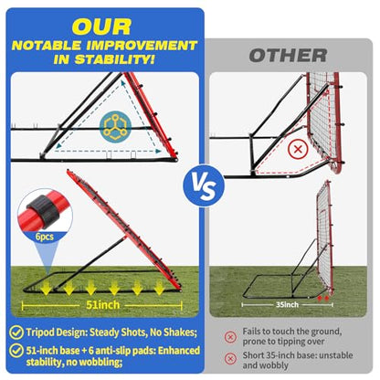 5-Angle Baseball Rebounder Net Bounce Back Net Solo Fielding Trainer 48x52 Inch, Multi-Sport Pitch Back for Ground, Line Drive, Fly Ball with Stable Frame, 45-PLY Net, Carry Bag - color: Red