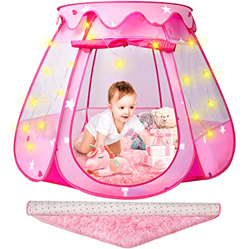 Princess Castle Girls Play Tent with Rug Pop Up Play Tent for Toddlers Kids DISHIO Playhouse Toys for 1 Year Old Birthday Gift Fairy for Girls with Lights Indoor Outdoor Kids with Mat - style: Tent with pink rug/lights