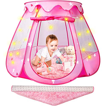 Princess Castle Girls Play Tent with Rug Pop Up Play Tent for Toddlers Kids DISHIO Playhouse Toys for 1 Year Old Birthday Gift Fairy for Girls with Lights Indoor Outdoor Kids with Mat - style: Tent with pink rug/lights