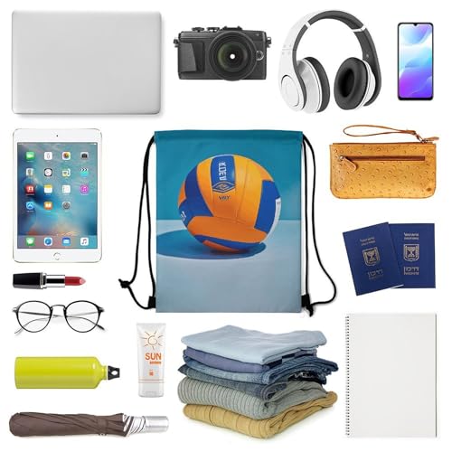 Blue Volleyball Drawstring Backpack Foldable Gym Sackpack for Basketball Soccer Swim Yoga Sport Gear Beach