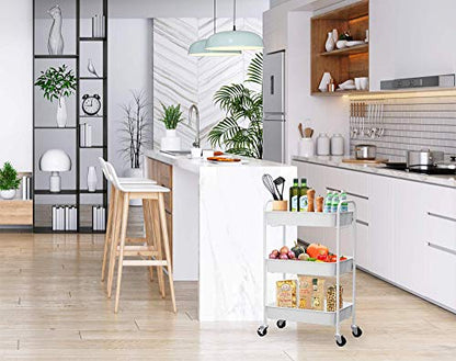 CAXXA 3-Tier Rolling Metal Storage Organizer - Mobile Utility Cart Kitchen Cart with Caster Wheels, White - color: White