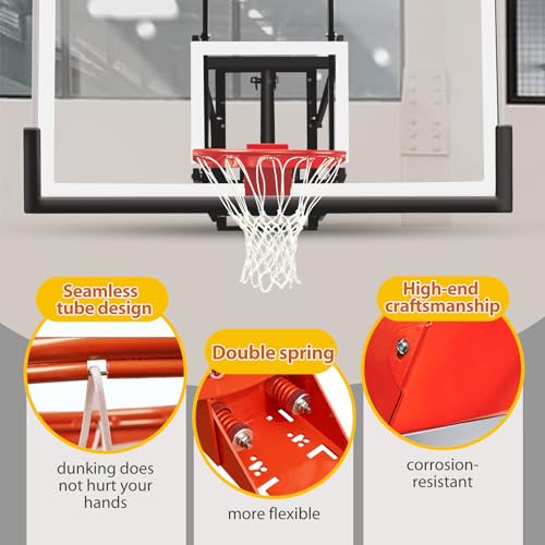 Katop Wall Mount Basketball Hoop with 60"x36", 72"x42" Tempered Glass Backboard, Effortlessly Height Adjustable from 7.5' to 10', Pre Installed Pads and Heavy Duty Basketball Rim and Net - style: 60 Inch Backboard