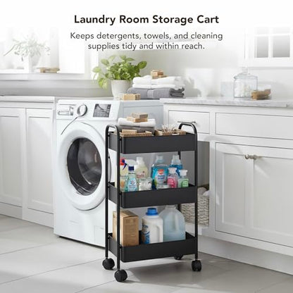 Displays By Jack 3-Tier Rolling Storage Cart, Metal Utility Organizer on Wheels – Deep Mesh Baskets for Kitchen, Pantry, Laundry, Bathroom, Home