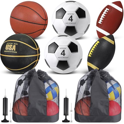 Lenwen 6 Pcs Sport Balls Set for Kids Teens, Include Official Size Basketball Football Soccer Ball with Sport Equipment Bags and Pumps Christmas Training Practice Gift Back to School - color: Black Gold