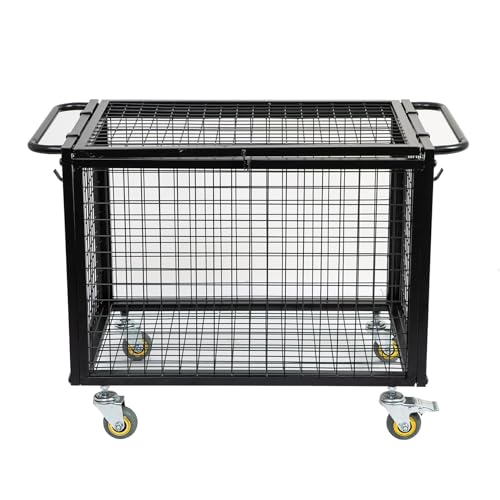 Metal Basketball Rolling Cart Sports Equipment Storage Wheel Basket Matte Black Athletic Lockable Cage with Raised Handle Gym Home Garage School Court Field Football Soccer Ball Volleyball Bat
