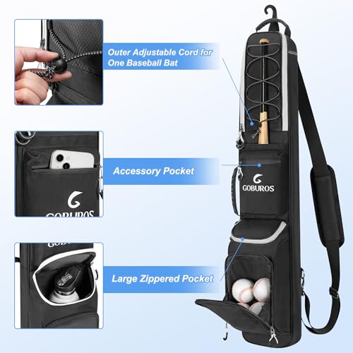 GOBUROS Baseball Bat Bag for 3-4 Baseball Bats, Bat Bag with Fence Hook and Adjustable Shoulder Strap, Suit for Baseball, Softball, T-ball Bat