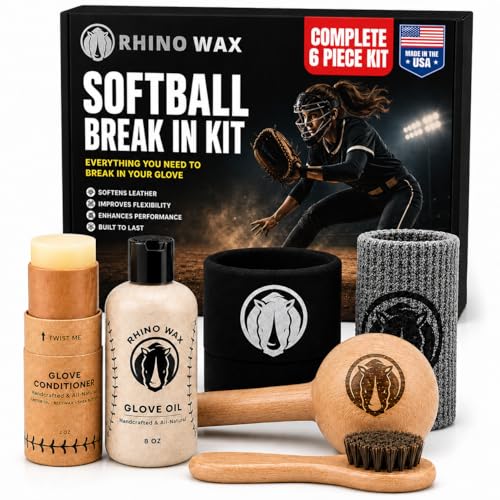 Rhino Wax - Ultimate Softball Gloves Break in Kit - Includes Soft Ball Sized Mallet, Glove Oil, Mitt Conditioner, Wrap, Brush, and Microfiber Cloth - Designed Specifically for Softballs - Made in USA