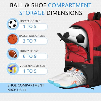 Goloni 30L Sports Backpack with Ball Compartment & Ventilated Shoe Pocket,Basketball Soccer Bag for Youth Boys Girls - color: Wine Red