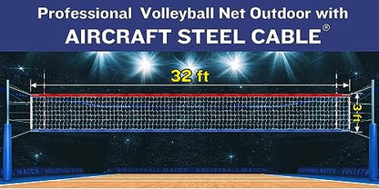 Professional Volleyball Net Outdoor Heavy Duty with Aircraft Steel Cable, Upgraded Weather Resistance, Tear-Resistant Frame, 32x3FT Portable Volleyball Net for Indoor Outdoor Sports