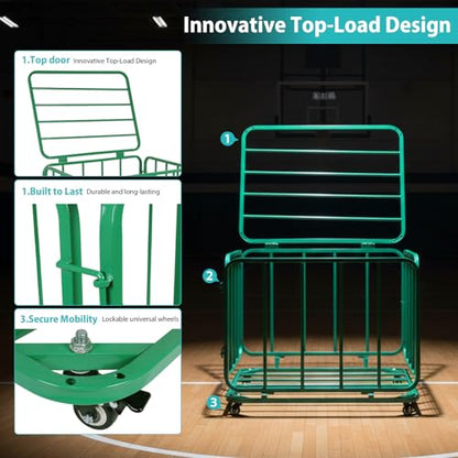 Ball Storage Cart Rolling Basketball Rack with Wheels & Lid Rolling Storage Bin for Gyms Schools Clubs Indoor and Outdoor