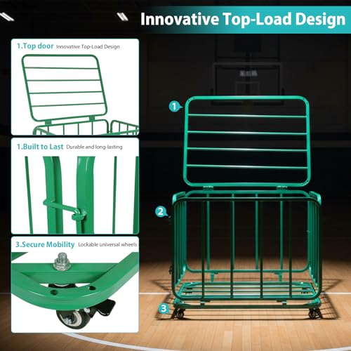 Rolling Sports Ball Storage Cart with Wheels & Lid Portable Foldable Sports Basket for Gyms Schools Clubs Indoor and Outdoor