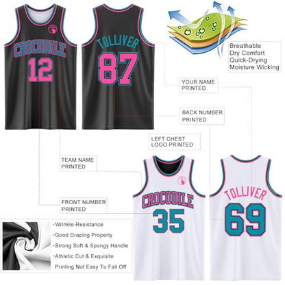Custom Reversible Basketball Jerseys Men Youth, Personalized Sports Shirts Team Uniforms Printed Name Logo Number - color: Black and White - Teal and Pink