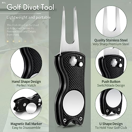 Skylety 4 Pcs Golf Divot Repair Tool Metal Foldable Golf Divot Tool with Magnetic Pop-up Button Ball Marker Stainless Steel Switchblade for Golfers Prizes - color: Black