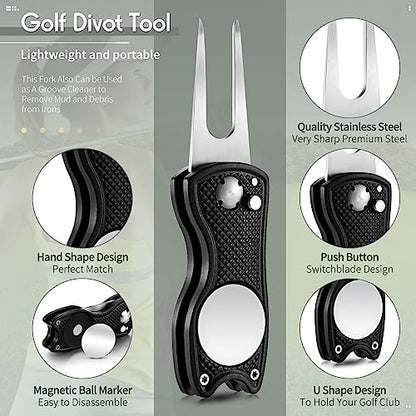 Skylety 4 Pcs Golf Divot Repair Tool Metal Foldable Golf Divot Tool with Magnetic Pop-up Button Ball Marker Stainless Steel Switchblade for Golfers Prizes - color: Black