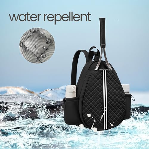 Tennis bag for women - Quilted Sling Grid Design Water repellent Two Side Pockets Dry wet separation independent pocket Friend couple gift - color: black