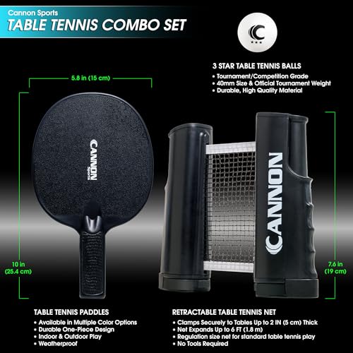 Cannon Sports Table Tennis Set – 2 Unbreakable Paddles, 6 3-Star Balls, Retractable Net & Carry Bag – Clamp-On Portable Ping Pong Net Fits Tables up to 2 Inch Thick, Extends to 6 Feet - color: Black