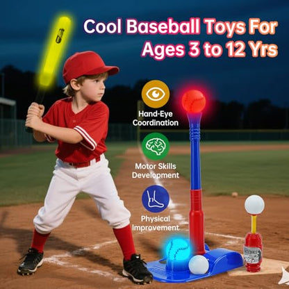 2 in 1 Glow In The Dark T Ball Sets for Kids 3-5 5-8,Light up Tee Ball Set with Automatic Pitching Machine/Adjustable Glow Batting Bat & Stand/6 Balls /2 Glow Balls, Baseball Toys for Toddlers Boys