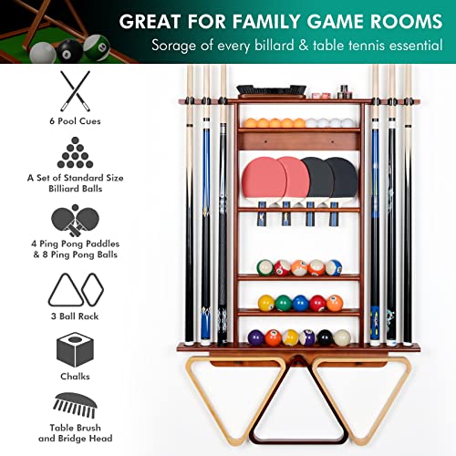 XCSOURCE Pool Cue Rack, 2-in-1 Pool Stick & Ping Pong Paddle Holder, 100% Solid Pine Wood Wall Mount Holds Billiards and Table Tennis Accessories for Man Cave, Billiard Room, Game Room - color: 2-IN-1 Cherry