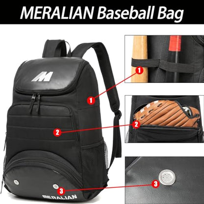 Baseball Bag - Lightweight Softball & T-Ball Backpack with Shoe Compartment for Equipment & Gear - color: BLK